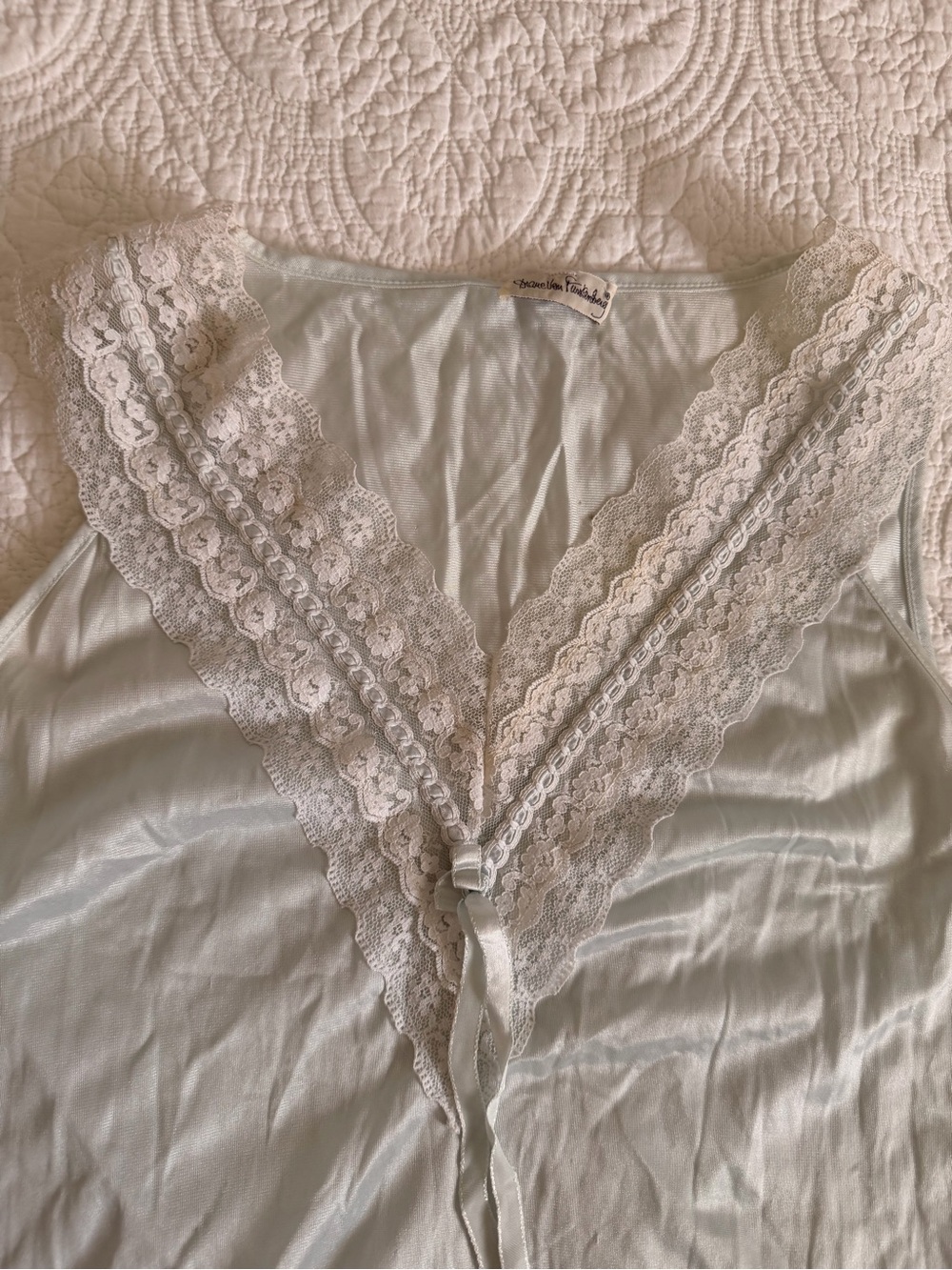 Vintage 90s Diane Von Furstenburg Light Blue and White Lace Nightgown Slip